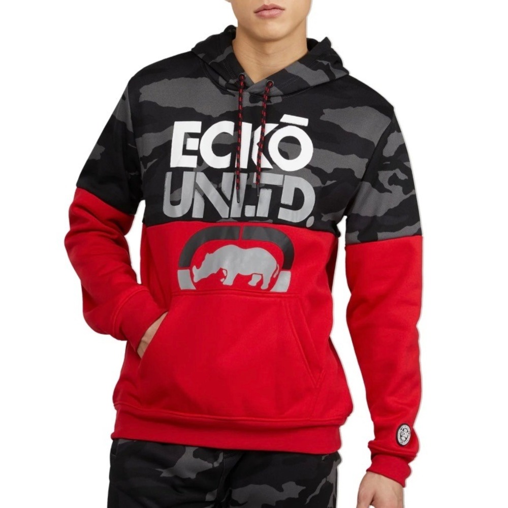 ECKO UNLTD Mens Pullover Sweatshirt Hoodie Red Camo Graphic Print Size S New